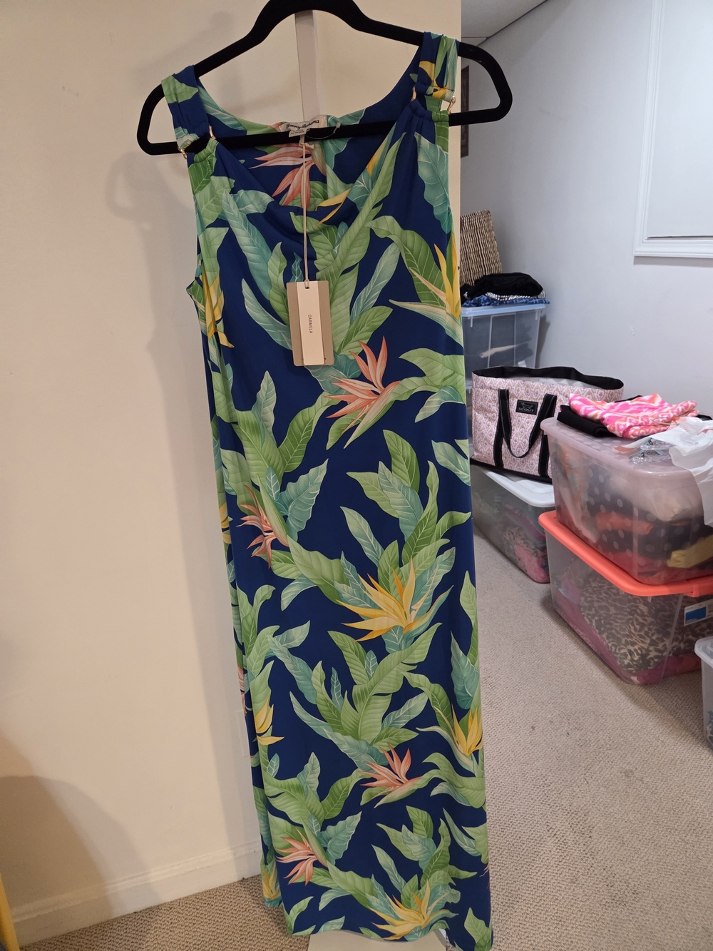 Tommy Bahama Navy Maxi Dress with Green and Yellow Tropical Print